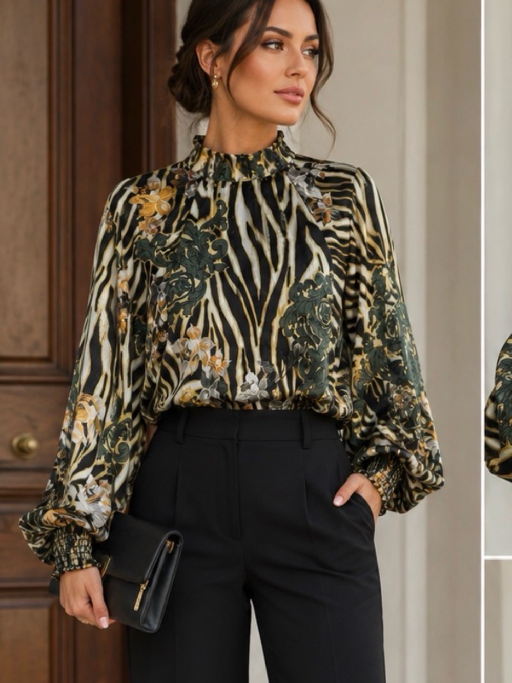 New Printed Zebra-Stripe Blouse with Floral Overlay - Olive & Brown size small